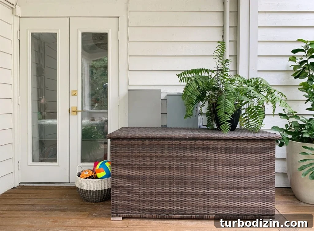 Large Woven Storage Bin On Porch With Fern On Top