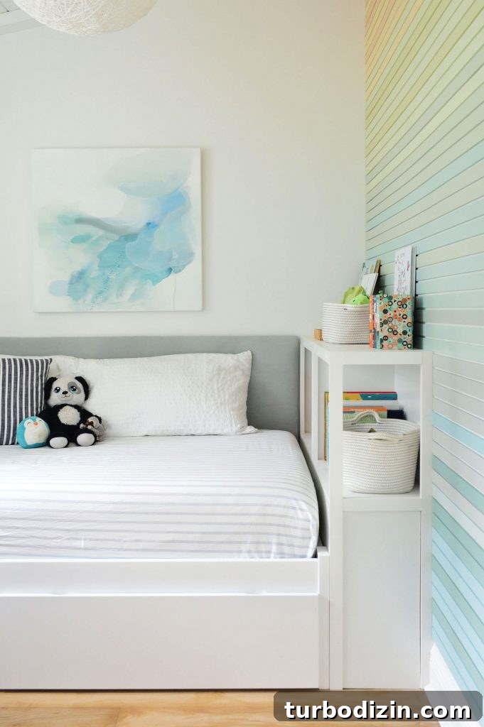 Before and After Home Photos: 14 Months of Renovation Progress 38 Boys Twin Bed With Fabric Headboard Bookcase And Rainbow Gradient Wall Treatment