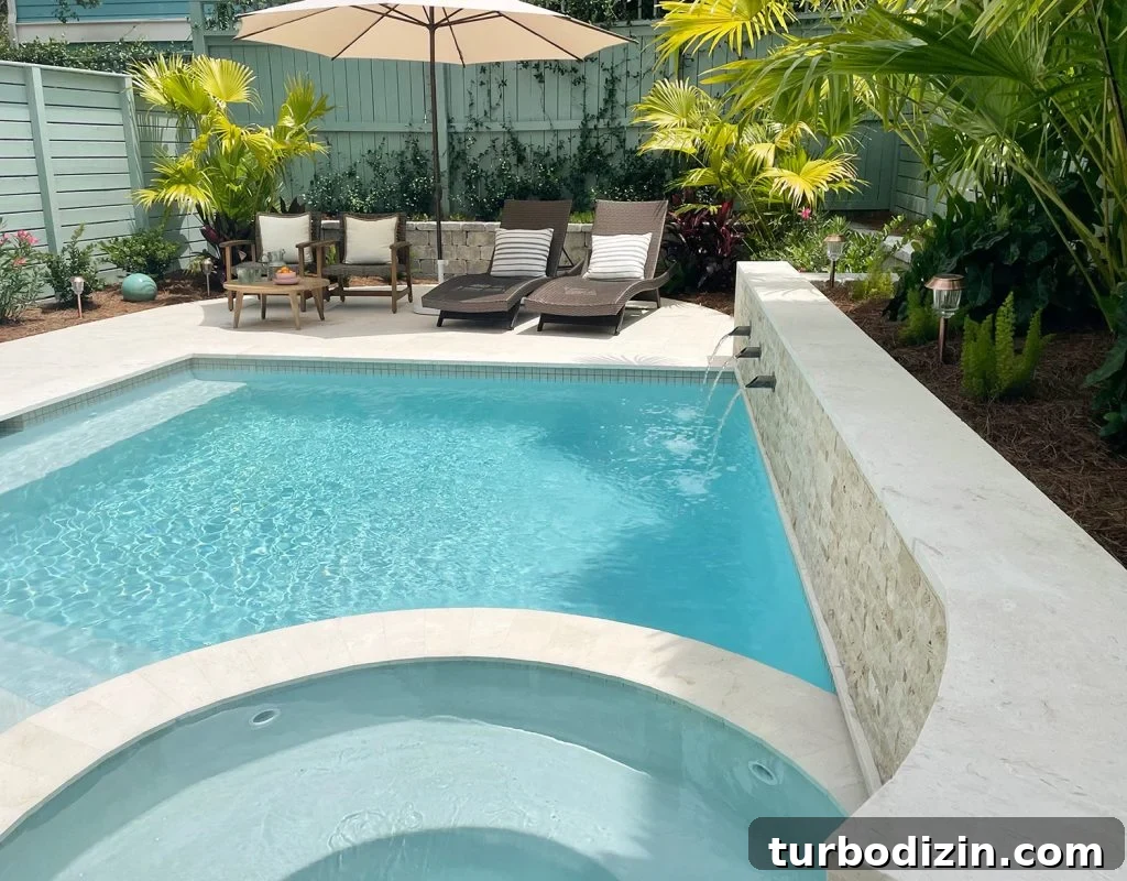 View of curved tile accent retaining wall covered in stone with fountains into pool