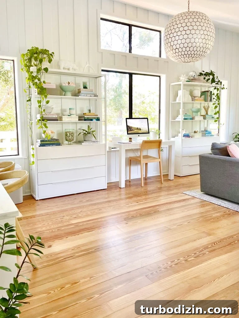 Family Room That Doubles as Office, Art Studio, and Home Theater 6 Two Ikea Fjalkinge Bookcases Flanking Office Deck In Middle Of Modern White Upstairs Family Room With Large Windows