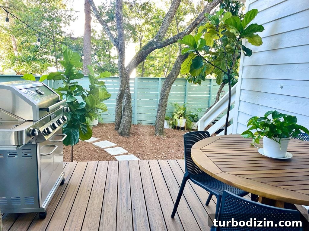 Transforming Our Kitchen Porch into a Cozy Dining Nook 2 View from cover patio with grill and table overlooking greenery in yard