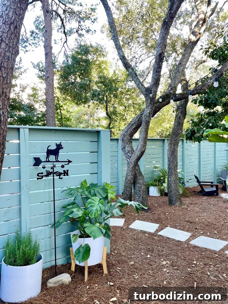 Transforming Our Kitchen Porch into a Cozy Dining Nook 12 After photo of firepit area with green fence potted plants and chihuahua weathervane