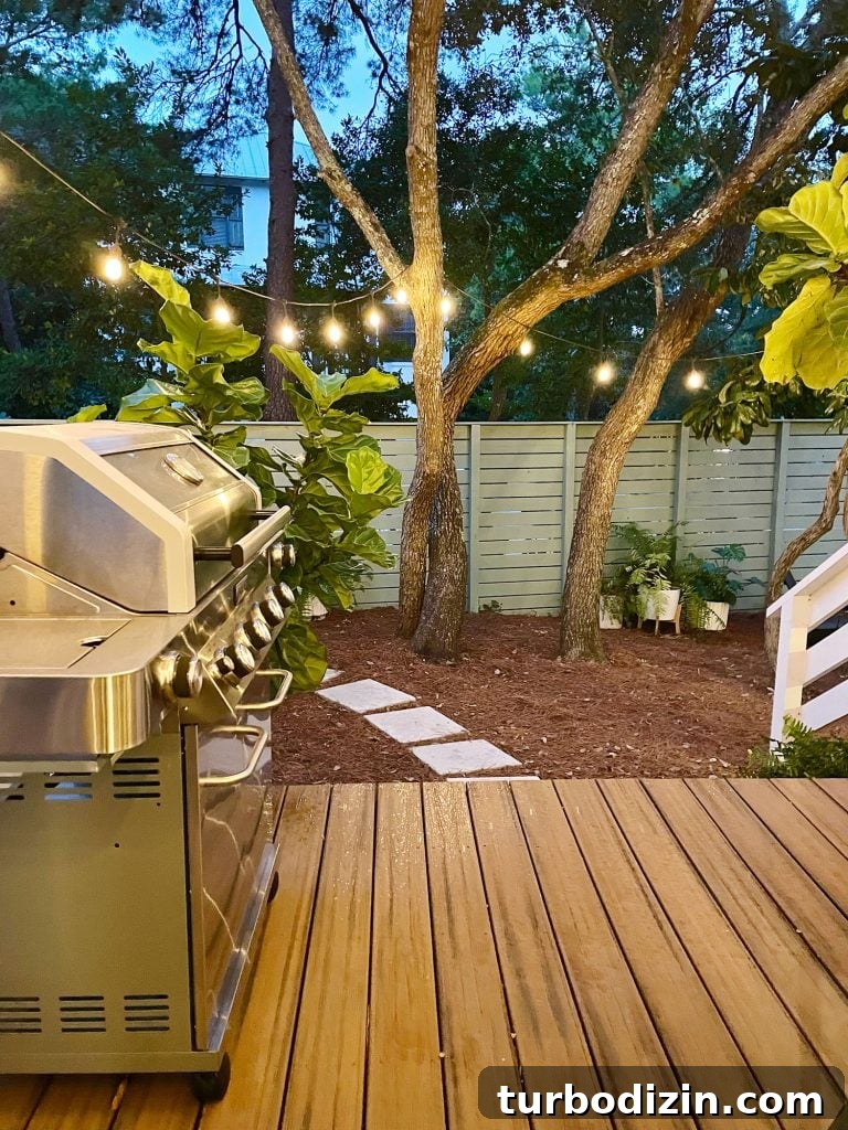 Transforming Our Kitchen Porch into a Cozy Dining Nook 21 Night view from porch with string lights glowing in side yard