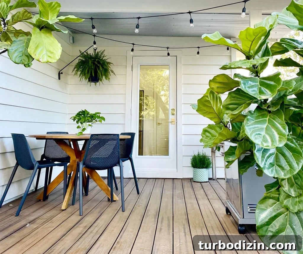Transforming Our Kitchen Porch into a Cozy Dining Nook 8 Covered kitchen porch with round dining table string lights hanging fern and grill