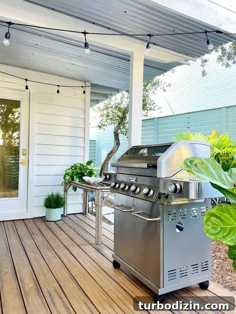 Transforming Our Kitchen Porch into a Cozy Dining Nook 9 Stainless steel grill on covered kitchen porch