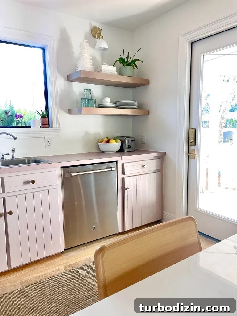 How to Add a Door to Your Kitchen: Design, Installation & Tips 13 Vertical view of corner cabinets with floating shelves and reconstructed cabinet